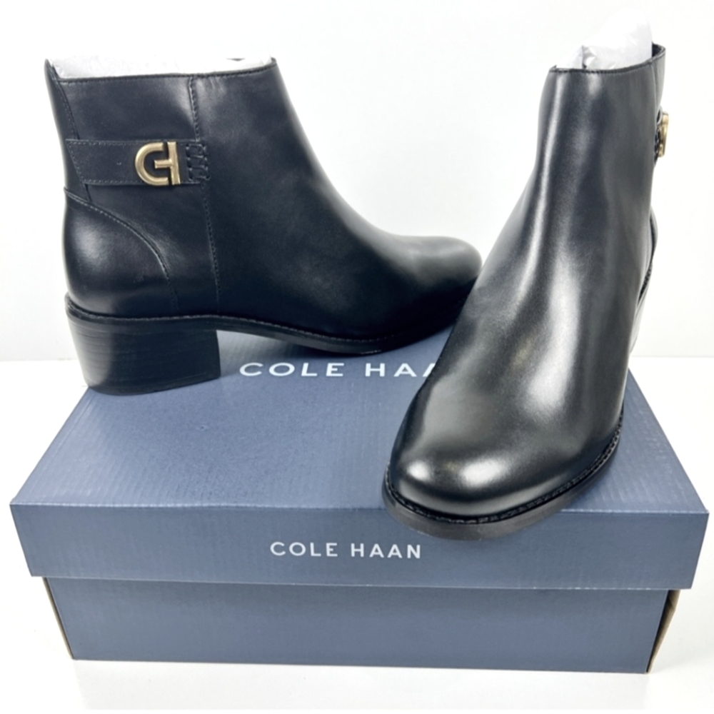 Cole Haan Womens Holis Black Leather Gold Logo Side Buckle Heeled Ankle Boot 9.5 - Picture 12 of 16